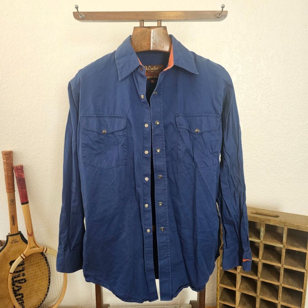 Vintage 90s Walls Authentic Ranch Wear Western Pearl Snap Shirt Blue Cotton Med